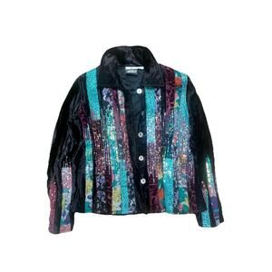 YakMagik Velvet Sequin Patchwork Jacket Women Large Nepal Button Front Boho Art